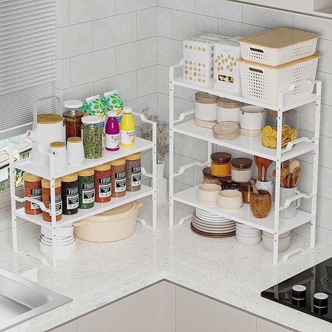 Expandable Shelf for Cabinet Organizer Adjustable Stackable Spice Rack at Kitchen and Bathroom More, Counter Countertop Cupboard Organization Pantry Storage(MEDIUM/1PACK/WHITE)