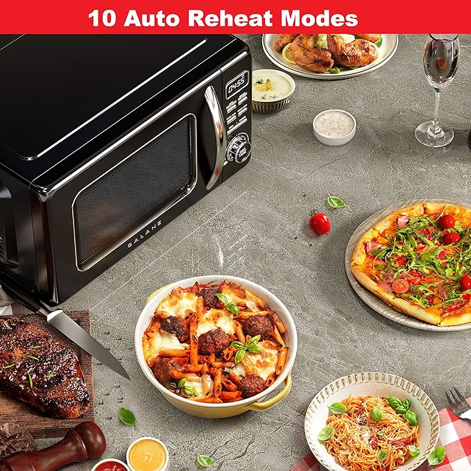 Galanz GLCMKZ07BKR07 Retro Countertop Microwave Oven with Auto Cook & Reheat, Defrost, Quick Start Functions, Easy Clean with Glass Turntable, Pull Handle.7 cu ft, Black