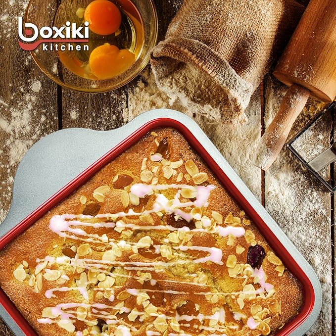 Boxiki Kitchen Silicone Baking Pans Set. 3 PCS Professional Non-Stick Baking Cake Pans Set includes Silicone Round Cake Pan, Square Cake Pan and Bread Loaf Pan.