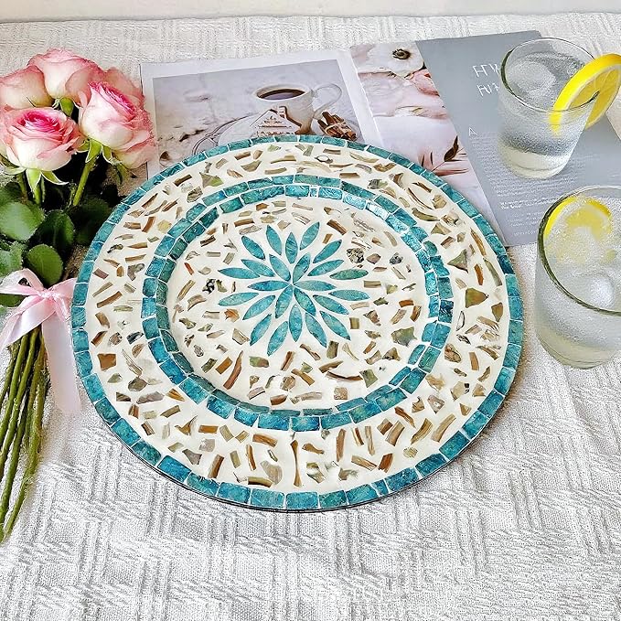 13 Inch Mother of Pearl Shell Placemat Plate – Large Round Decorative Heat for Table or Kitchen, Cabinet, Tabletop (Blue Leaf, 13 Inch)