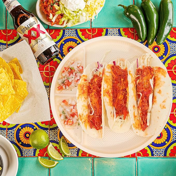 Large Disposable Taco Plates With Dipping Sides - 20 Pack, Biodegradable Cornstarch Taco Holder, Big Size Fit 6-8 Inch Soft & Hard Tortilla, Sturdy & Microwave Safe, Bar Serving Set For A Party