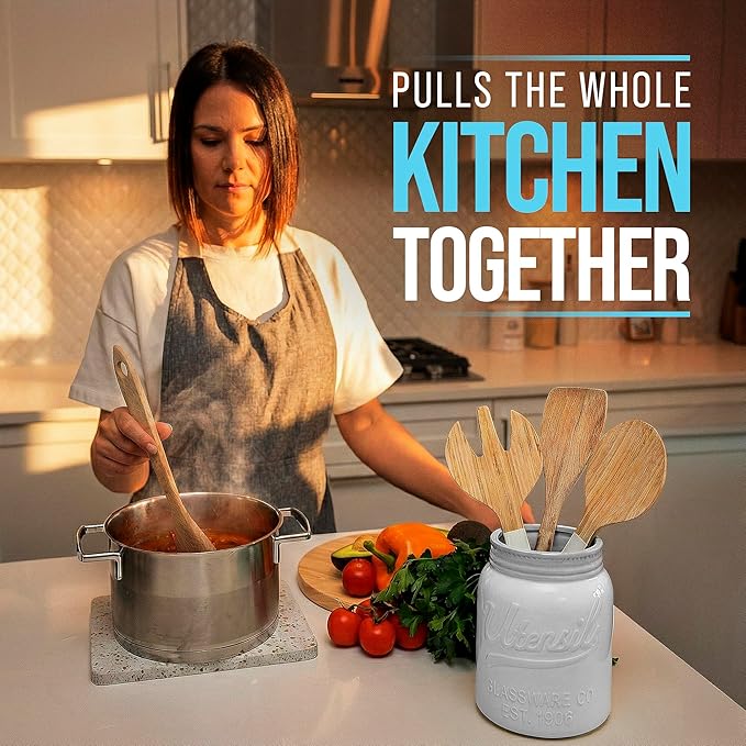 Comfify Wide Mouth Mason Jar Utensil Holder Decorative Kitchenware Organizer Crock - Perfect Cookware Gift - White, Large Size 5.4x6.75