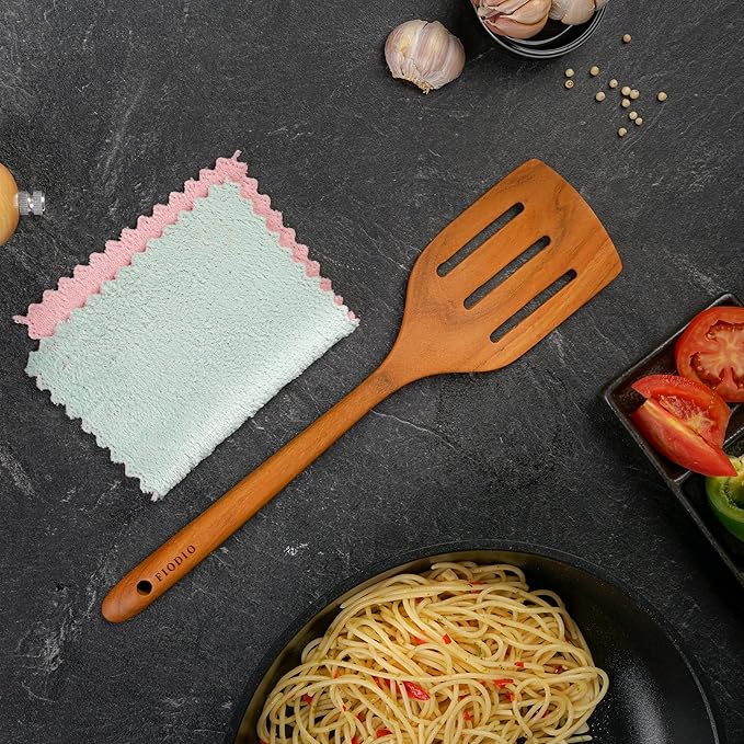 Teak Wooden Spatula, Spoons & Slotted Turner for Cooking – Natural Non-Stick, Handcrafted Kitchen Utensils with Comfort Grip & Microfiber Cloth