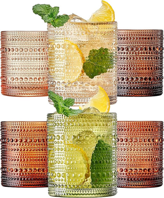 Hobnail Beaded Highball Drinking Tumbler Glasses | Set of 6 | Venus Sand Colors, Vintage Bubble Design Glassware, Old-Fashioned, Embossed Design for Water, Wine, Cocktail Embossed Heavy, Rocks Glass