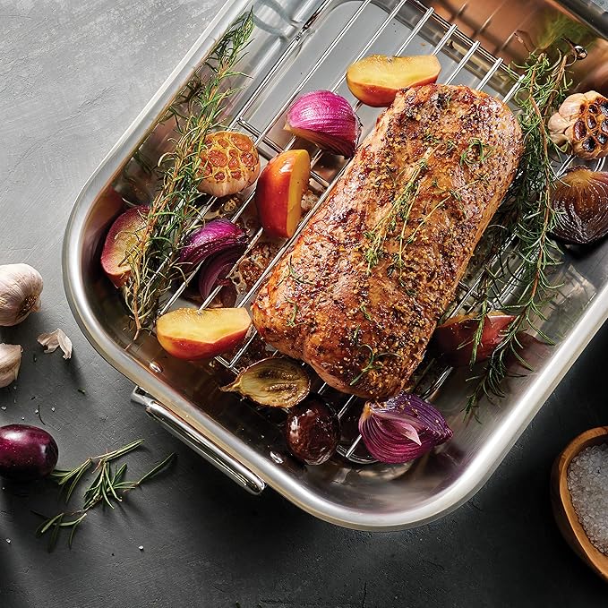Tramontina 16.75-Inch Stainless Steel Roasting Pan with Rack, Flared Edge Turkey Roaster for Oven, Dishwasher Safe, Made in Brazil