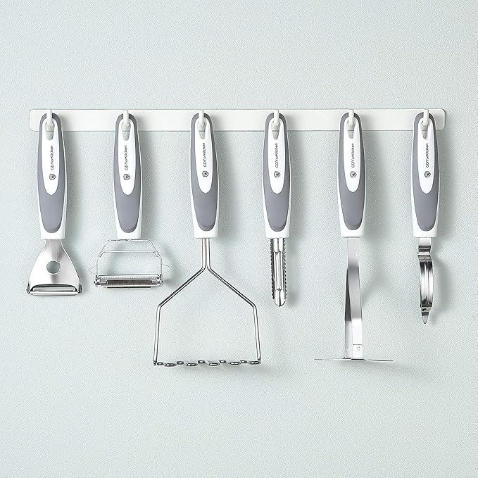 Stainless Steel Potato Masher & Peeler Set (6PCS Set - Gray) - Includes Potato Ricer, Wire Masher, Multi-purpose Peelers, Comfortable Grip Design For Kitchen, Free Silicone Brush and Oven Mitt