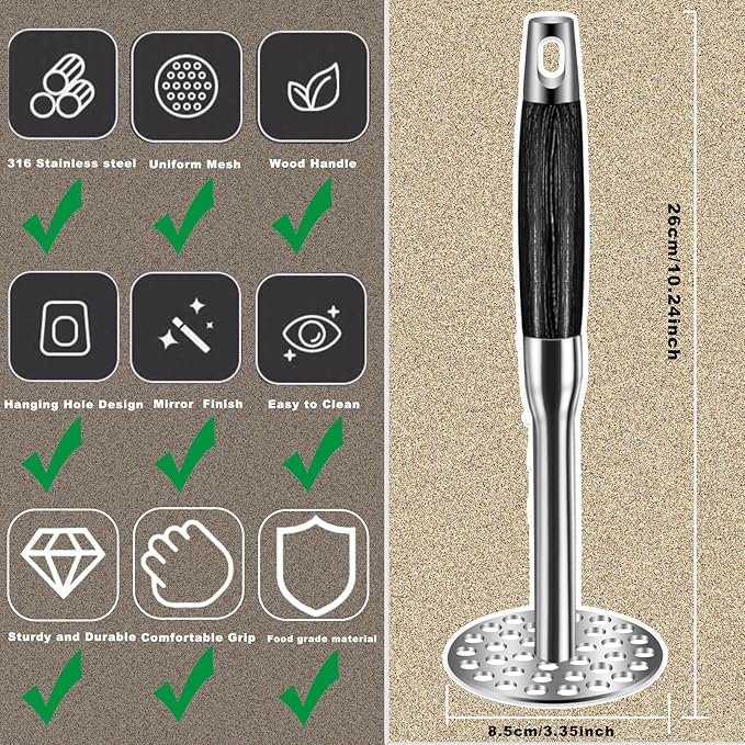 Potatoes Masher, Heavy Duty Potato Masher-316 Stainless Steel, Hand Mashed Potato Mashers & Potatoes Tool-Long Handle for Potatoes, Avocado, Tomatoes, Avocados, Beans, Fruit and Vegetables