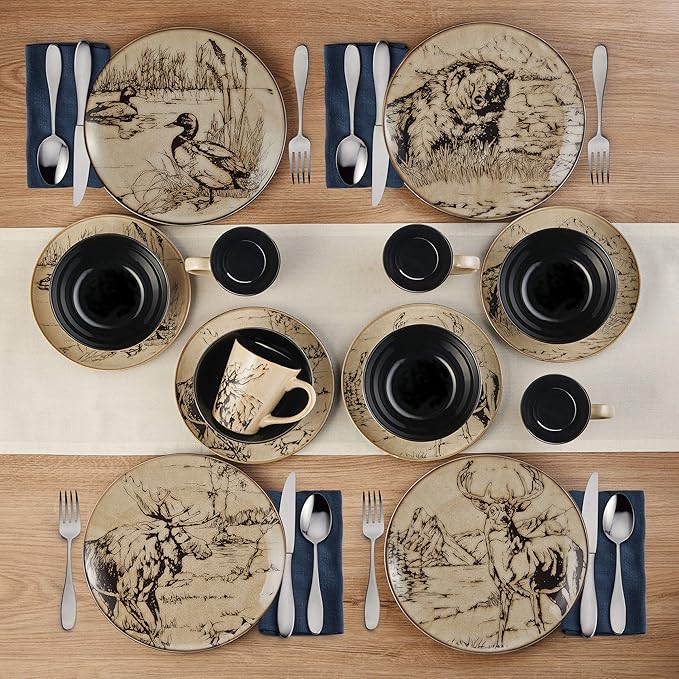 Mossy Oak Animal Print 16 Piece Dinnerware Set, Service for 4, Black and Beige