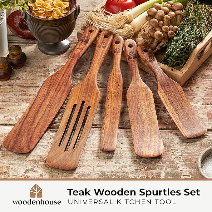 Spurtle Set, Teak Spurtle Spatula Set of 5 - Spurtles Kitchen Tools Wooden – Non Stick Cookware for Serving, Stirring, Mixing, Scraping, Scooping By Woodenhouse
