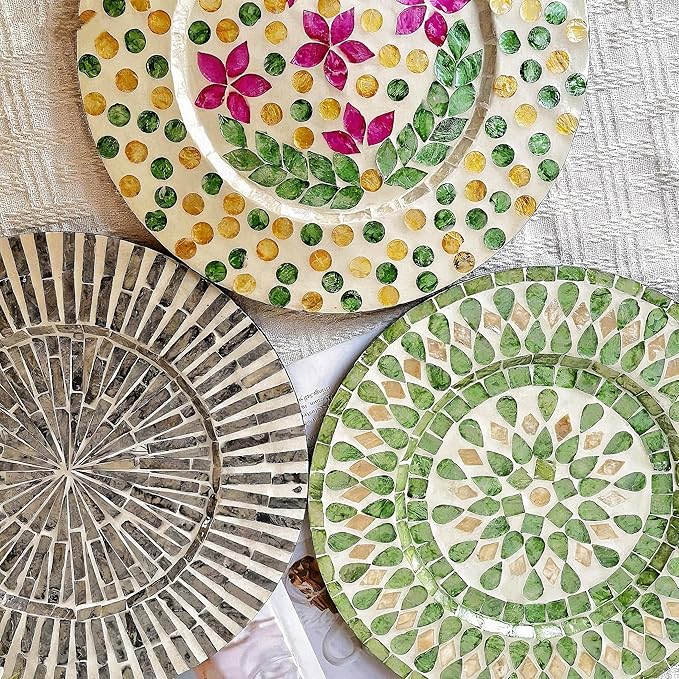 13 Inch Mother of Pearl Shell Placemat Plate – Large Round Decorative Heat for Table or Kitchen, Cabinet, Tabletop (Green Water Drop, 13 Inch)